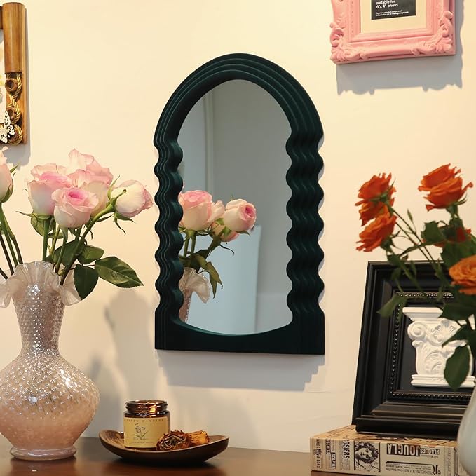 Green Wall Mirror Decor for Hallway Entryway, Irregular Arched Small Decorative Mirrors for Home Office Living Room, Modern Hanging Wall Art Sculpture for Christmas Wedding Gift (Green)