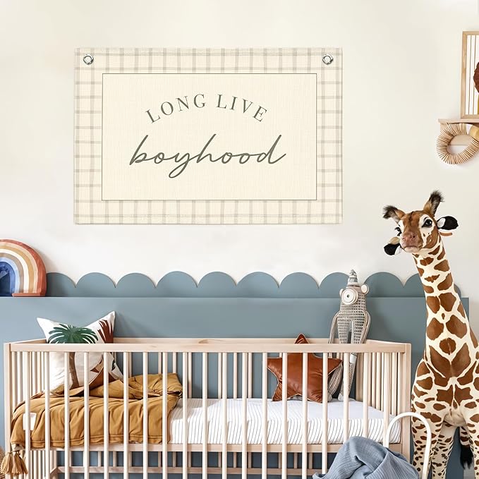 Lacama Long Live Boyhood Banner Baby Boy Nursery Decor, Boy Nursery Decor, Vintage Wall Hanging Flag Decor for Nursery Playroom Toddler Room, Boys Room Decor 30x20 In