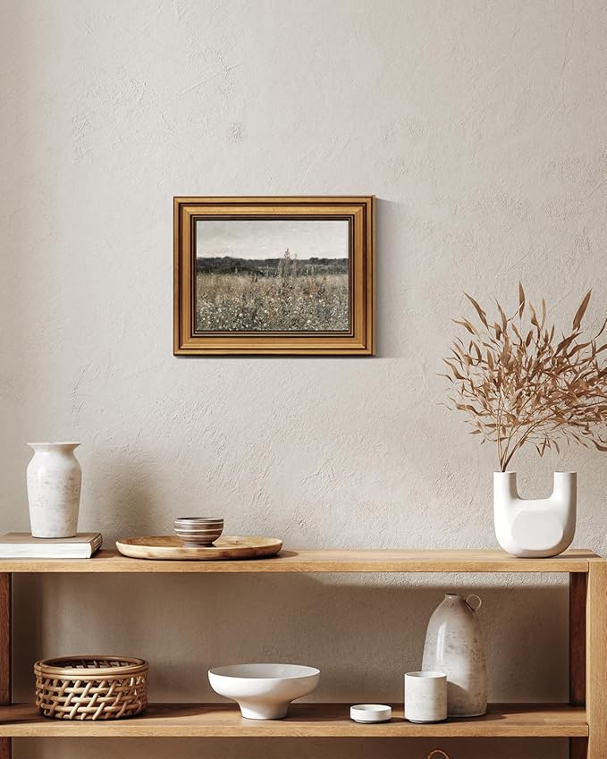 HUARCEY Framed Canvas Wall Art Prints, Living Room Shelf Vintage Art Aesthetic, Wildflower Landscape Paintings Farmhouse Decor, Retro Table Desk Decoration for Bedroom Bathroom, 8x10Inch