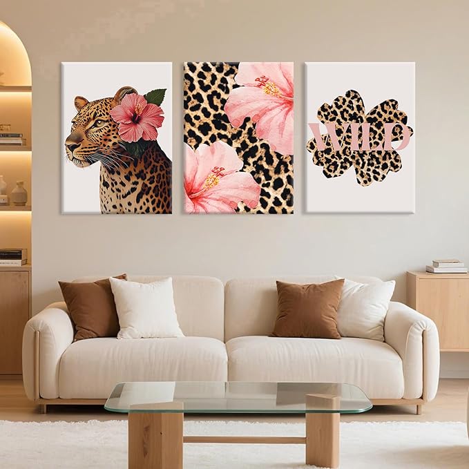 Trendy Leopard Wall Art Pink Cheetah Print Room Decor Leopard Flower Canvas Wall Decor Cheetah Aesthetic Poster Girly Pink Preppy Picture Funky Y2k Artwork for Girl Bedroom 16x24x3 Inch Wrapped Canvas