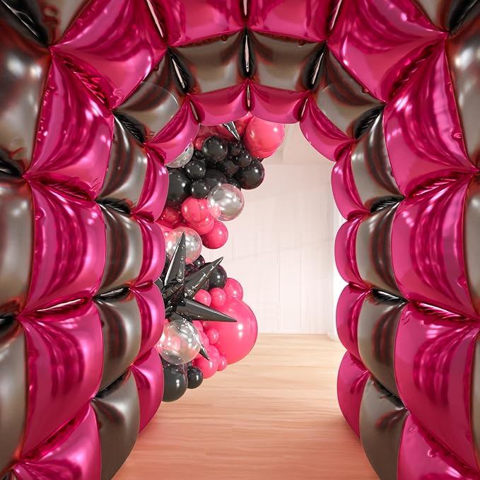 25pcs Black Pink Foil Square Balloon Wall With 139pcs Hot Pink Black Clear Balloon Arch Kit, Double Sided Balloon Tunnel for Birthday Anniversary Bridal Shower Party Decoration