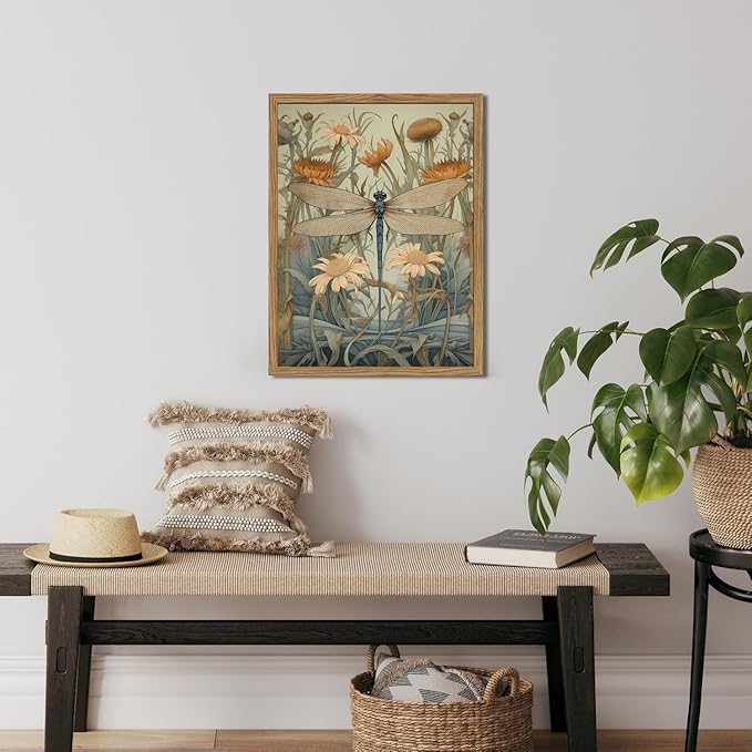 Framed Vintage 3D Textured Wall Art Green Dragonfly Flowers Wall Decor Hand Drawn Sandstone Nature Botanical Pictures for Living Room Bedroom 12x16 inch