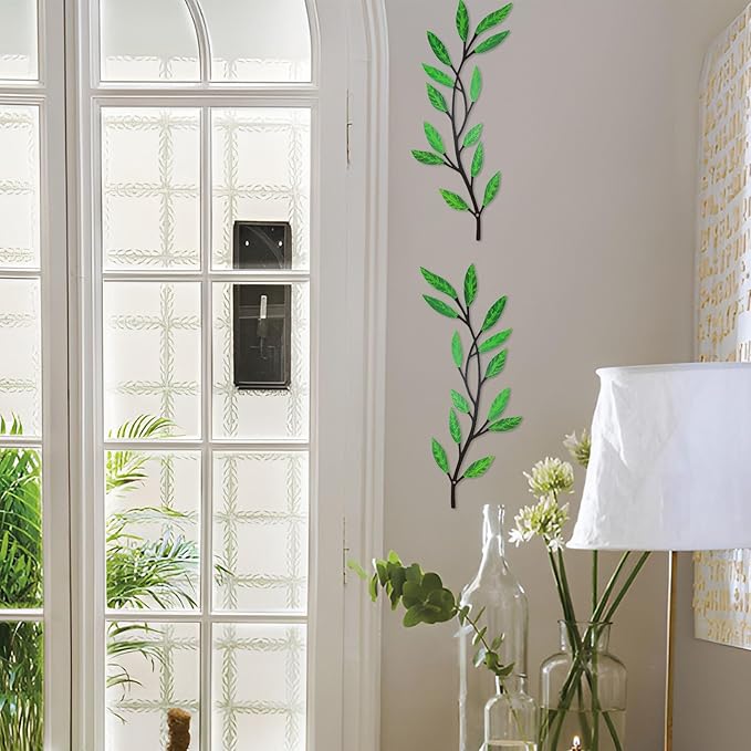 Metal Tree Leaf Wall Decor 2 PCS Rustic Vine Branch Leaf Wall Art for Living Room Bedroom Bathroom Decorations - Green