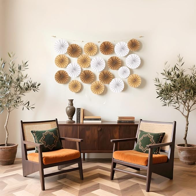 Easy Joy Boho Hanging Paper Fans Neutral Rustic Paper Fans Garland White Brown Party Decorations for Boho Party Baby Shower Birthday Wedding Bridal Classroom Decor