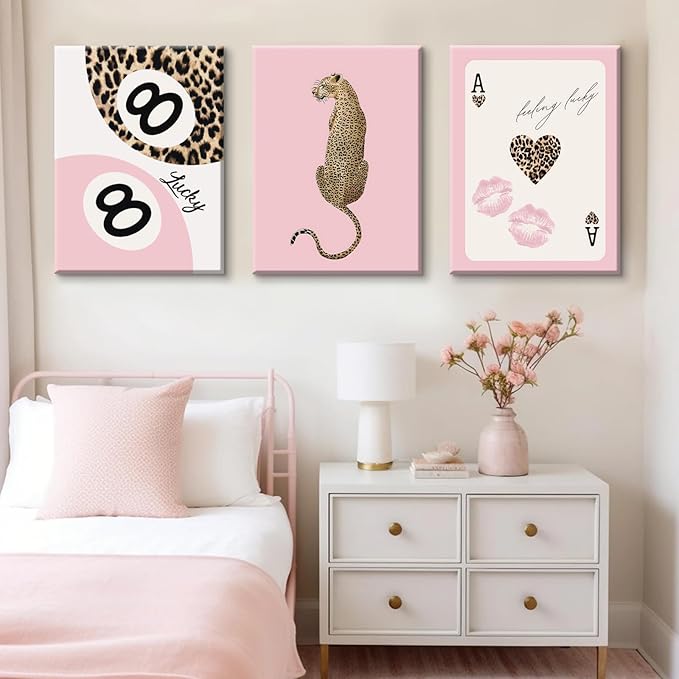 Cheetah Trendy Wall Art Preppy Leopard Canvas Print Cheetah Room Wall Decor 8 Ball Poster Y2k Pink Coquette Luxury Print Lucky Aesthetic Fashion Pictures for Bedroom 16x24x3 Inch Wrapped Canvas