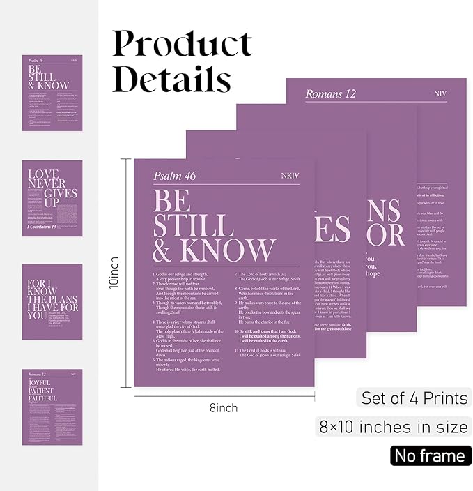 Locomiss Purple Christian Wall Art Decor, Modern Bible Verse Prints, Minimalist Jesus Scripture Wall Decor, Purple Inspirational Bible Posters for Bedroom Office Living Room, Set of 4 (8x10 Unframed)