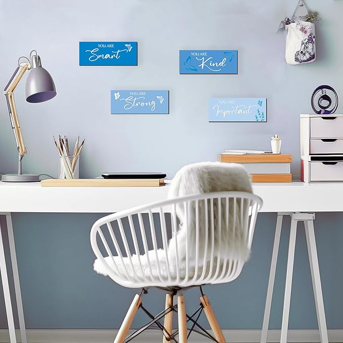 FENCORDAR 4 Pcs Butterfly Wall Decor Girls Room Decor Wooden Blue Wall Decor Positive Butterfly Wall Art Prints Inspirational Gift for Teen Girls Women Room Nursery Bedroom Bathroom(Blue, 10x4)