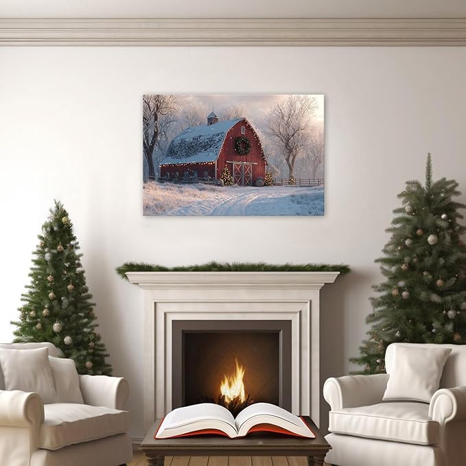 Nature Farmhouse Canvas Wall Art Red Barn Poster Christmas Tree Prints Picture Rustic Country Snow Pictures Wall Decor Winter Scenic Painting Artwork for Kitchen Dining Room Home Decorations 24x36"
