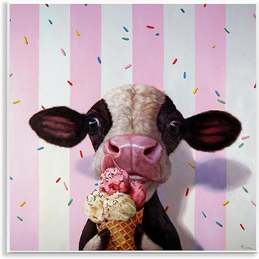 Stupell Industries Cute Baby Cow with Ice Cream Cone Pink Stripes, Designed by Lucia Heffernan Wall Plaque, 12 x 12, Brown