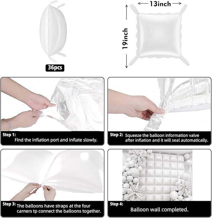36pcs White Square Foil Balloons Wall Backdrop with 79pcs Balloon Garland Arch Kit, Double Sided Balloons Set for Birthday Bridal Shower Anniversary New Year Valentine's Day Party Decorations