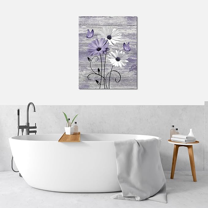MYUSRE Vintage Floral Purple Canvas Wall Art Farmhouse Daisy and Butterfly on Wooden Pictures Wall Decor Country Wildflower Framed Wall Art for Living Room Bedroom Bathroom Home Decor, 24L X 16W inches
