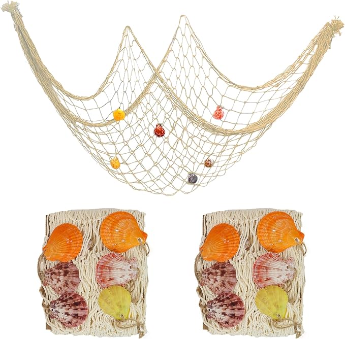 2 PCS Fish Net Decorations with Shells 80 x 40 Inch Ocean Themed Party Decor Beach Nautical Wall Hanging Fishing Net for Coastal Bedroom Bathroom or Under The Sea Party Decorations (Beige-with shells)
