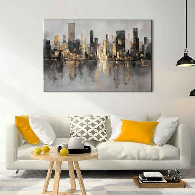 Abstract New York Skyline Wall Art Modern Black and Gold City Canvas Prints NYC Skyline Paintings Grey Contemporary Cityscape Framed Artwork for LIving Room Bedroom Office Home Decorations 32x48