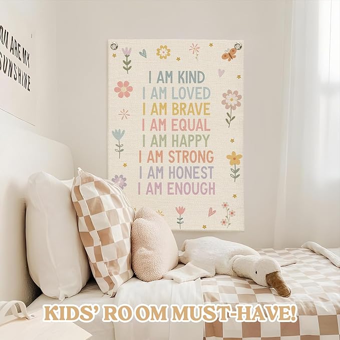 Affirmations Wall Hanging Art for Kids, Flower Wall Art I Am Kind Linen Canvas Banner, Girls Room Decor, Kid's Bedroom, Affirmations Wall Banner, Inspirational Nursery Decor 18x25 Inch