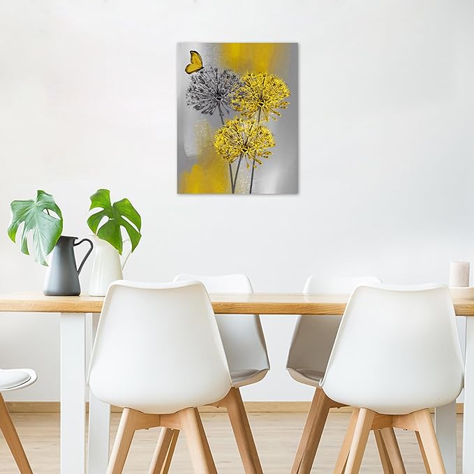 LB Yellow Dandelion Canvas Wall Art Yellow Grey Dandelion with Butterfly on Modern Abstract Wall Art Aesthetic Wall Decor for Living Room Bedroom Bathroom Office Framed Ready to Hang 20L x 16W