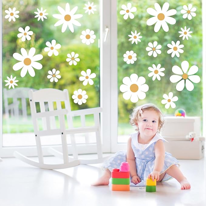 TaoBary 12 Sheet Daisy Wall Sticker Decal Removable Cute Daisy Bedroom Room Decor Flower Wall Sticker Pink White Flower Decal Wallpaper Peel and Stick for Nursery Home(White, Yellow,Classic Style)