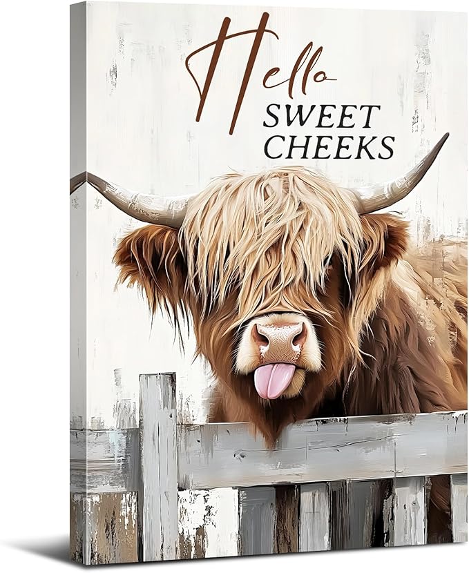 Large Funny Highland Cow Canvas Wall Art for Living Room Kitchen, Hello Sweet Cheeks Bathroom Decor Western Picture Prints Painting Rustic Farmhouse Prints Framed Artwork Home Decorations 32x48"