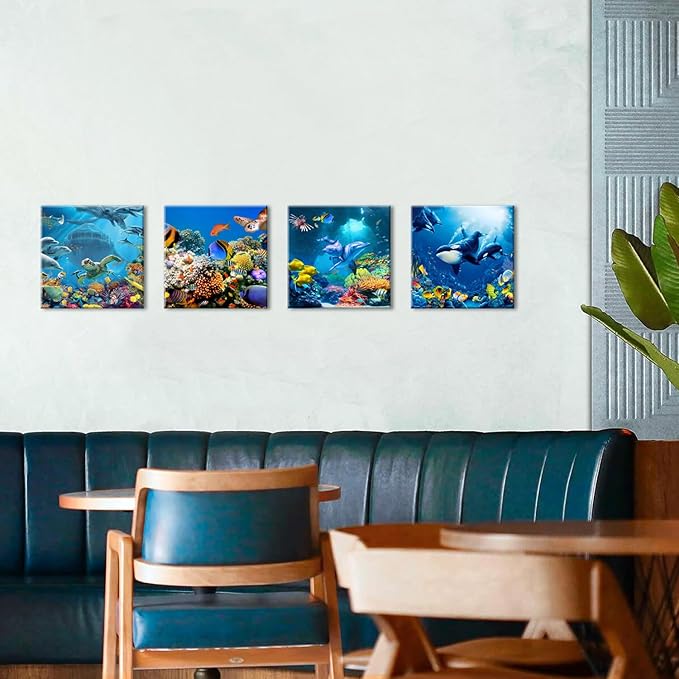 Beach Wall Art Bathroom Decor Ocean Animals Canvas Prints Sea Turtle Dolphin Picture for Living Room Kids Bedroom Colorful Coastal Seascape Artwork Nautical Theme Painting Home Decorations 16x16” 4Pcs