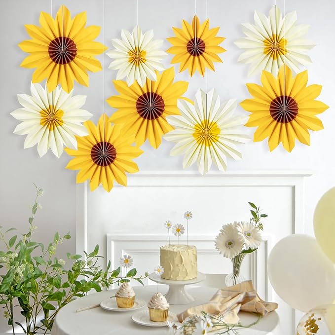 EASY JOY 9PCS Sunflower Party Decorations Sunflower Paper Fans Yellow Birthday Decorations Hanging Paper Flower Fan for Women for Summer Baby Shower Bulletin Board Decorations
