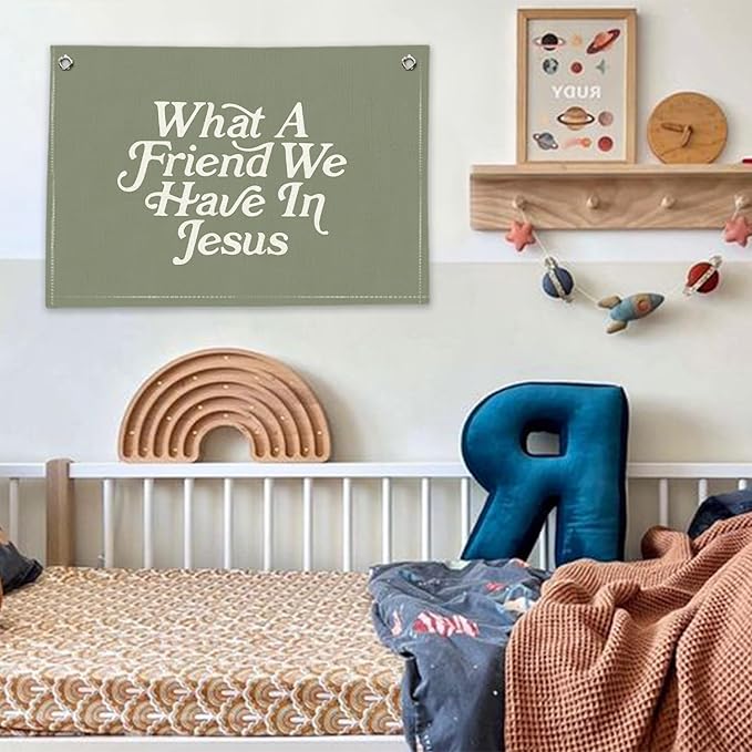 RTXLEZM Kids Room Decor-What a Friend We Have in Jesus Christian Canvas Banner Wall Hanging,Green Minimalist Bible Verse Wall Art Prints for for Classroom, Nursery, Kids Room，20x30