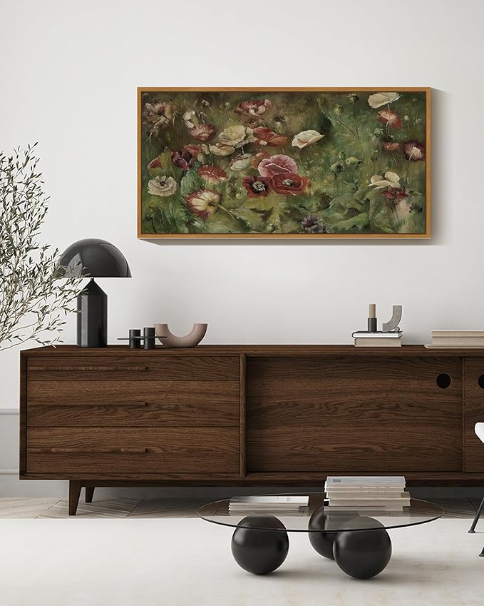 SHENIFY 20x40in Extra Large Vintage Framed Wall Art Poppies Flower Landscape Painting Retro Red Floral Scenery Farmhouse Bedroom Above of Bed Living Room Decor - Natural Framed