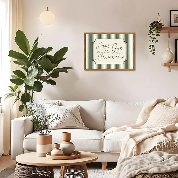 Framed Christian Scripture Wall Art, Bible Verse Pictures Wall Decor, Sage Green Striped Praise God From Whom All Blessings Flow Paintings Canvas Prints Religious Home Decor for Living Room 12x16 inch