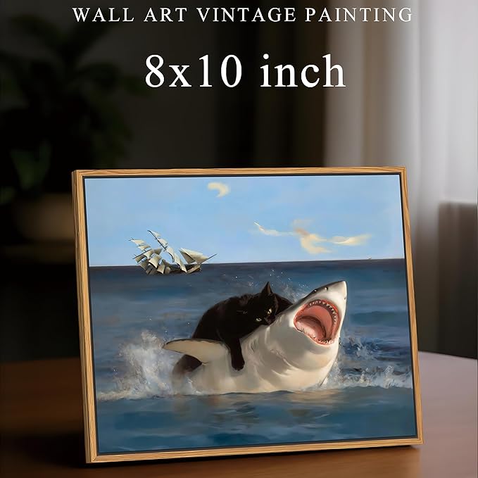 Floating Framed Black Cat Wall Art, Funny Quirky Cat and Shark Pictures Canvas Print, Abstract Black Cat Shark Posters Wall Decor for Room Bedroom Living Room Bathroom Aesthetic 8x10 inch