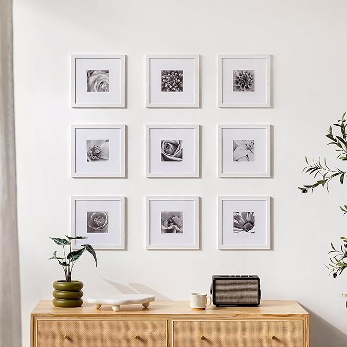eletecpro 10x10 Picture Frames Set of 9 with Mat for 5x5 Photos or without Mat for 10x10, Square Gallery Wall Decor Collage for Picture Display, White Frame Set for Wall Hanging