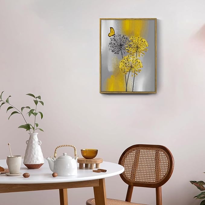 LB Yellow Dandelion Framed Wall Art with Butterfly - Modern Yellow Grey Canvas Wall Art for Home Contemporary Aesthetic Wall Decor for Home, Ready to Hang 17x12 Inch, Living Room Bedroom Bathroom Decor