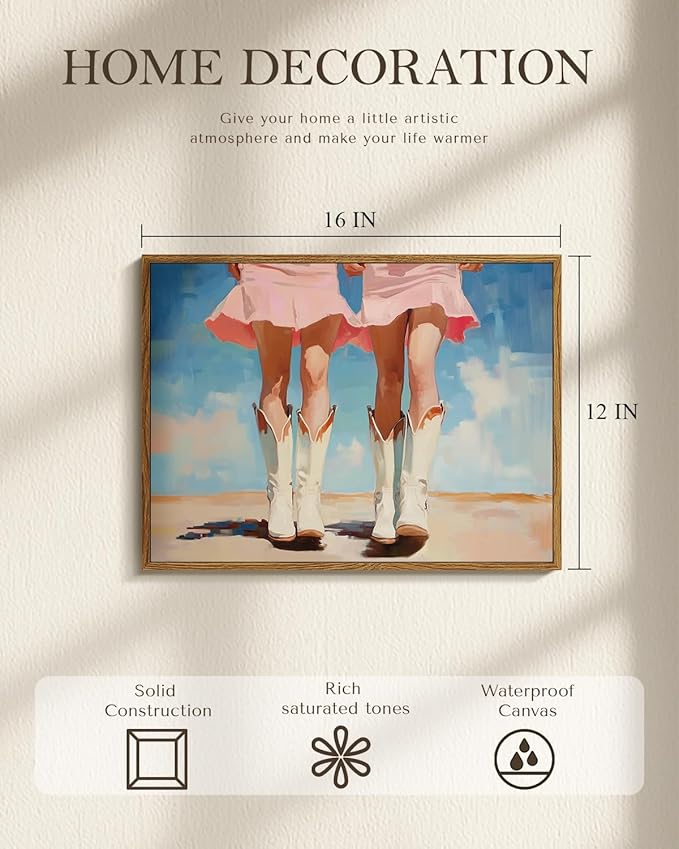 Western Cowgirl Boots Pink Dress Summer Painting Print, 12x16 Inch Framed Canvas Wall Art, Retro Country Style Artwork Living Room Bedroom Office Farmhouse Modern Home Decor