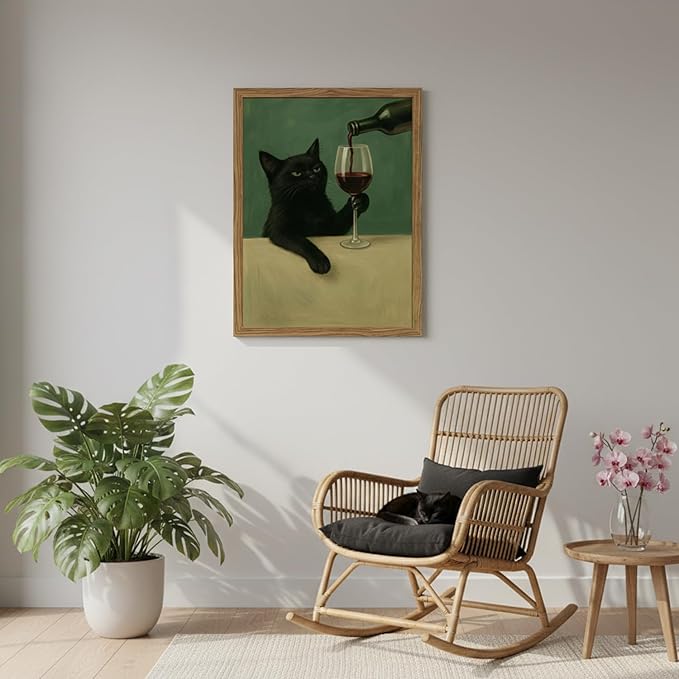 Funny Black Cat Wall Art 8x10 Inch Moody Black Cat with Wine Glass Canvas Wall Decor Whimsical Animal Bar Cart Poster Canvas Prints for Bathroom Kitchen Bar Wood Framed