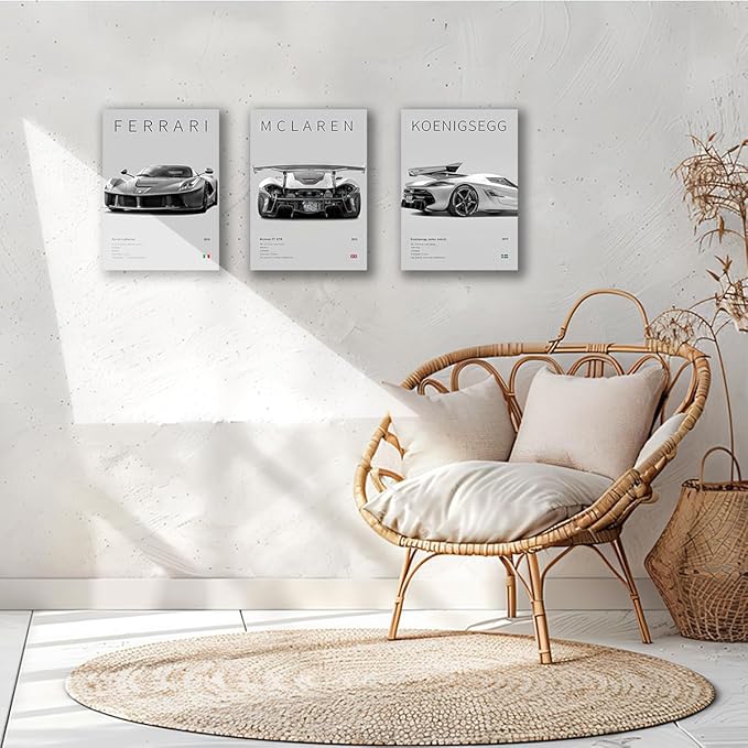 CSLGQGV Car Poster Vintage Racing Car Wall Art Supercar Canvas Prints Painting For Men Room Pictures Guys Dorm Room Aesthetics Decor Bedroom Office (black and white car frame, 12x16in)