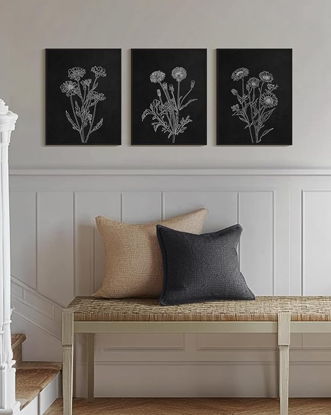 Drsoum Vintage Boho Botanical Flower Wall Art Framed Retro Floral Wall Prints Wildflower Neutral Rustic Bohemain Artwork Kitchen Bedroom Ready to Hang 12x16in Black Framed