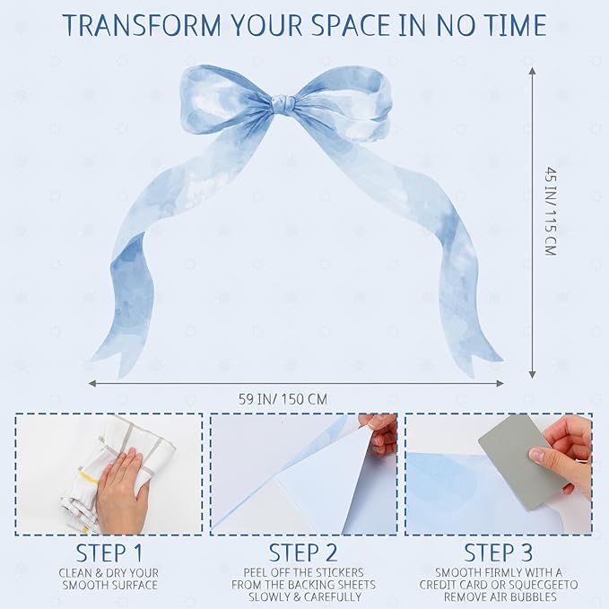 59 x 45 Inch Large Boho Bow Wall Stickers Peel and Stick Coquette Girl Room Decor Large Watercolor Bow Stickers Preppy Waterproof Vinyl Decals Wall Decor for Girl Room Nursery(Pastel Blue)