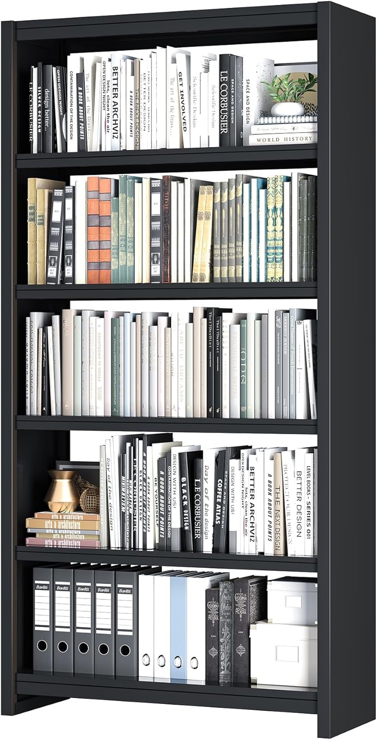 Bookshelf, 5 Shelf Bookcases, Tall Bookcase for Heavy Books, CDs, Movies, Garage Kit, Modern Display Shelf for Library Home Office Bderoom Living Room, Metal Bookshelves Industrial Black