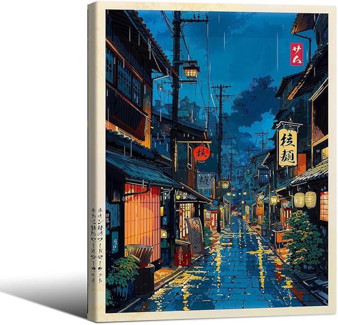 Japanese Tokyo Tea House Framed Canvas Wall Art Japanese City Street Cafe Scene Picture Print Modern Ukiyo-e Decor Poster for Japanese Home Bedroom Decorations Artwork8x10in