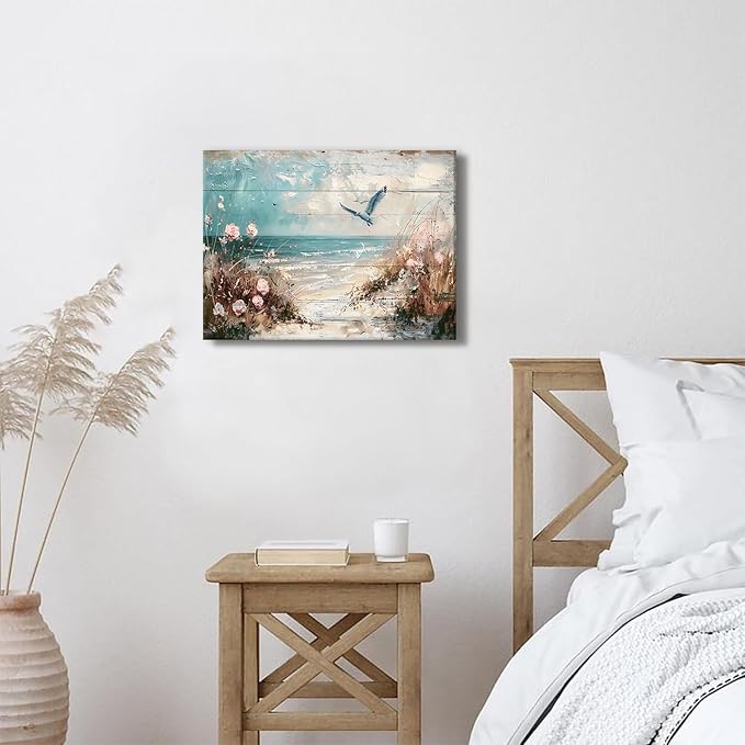 Beach Wall Art Coastal Bathroom Decor Nature Ocean Landscape Pictures Nautical Seagull Seaside Flowers Canvas Prints Vintage Modern Seascape Artwork for Bedroom Living Room Home Decoration 12x16"