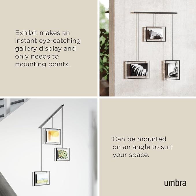 Umbra Exhibit Picture Frame Gallery Set, Adjustable Collage Display for 3 Photos, Prints, Artwork and More, Holds two 4x6 and one 5x7 Photos, Black