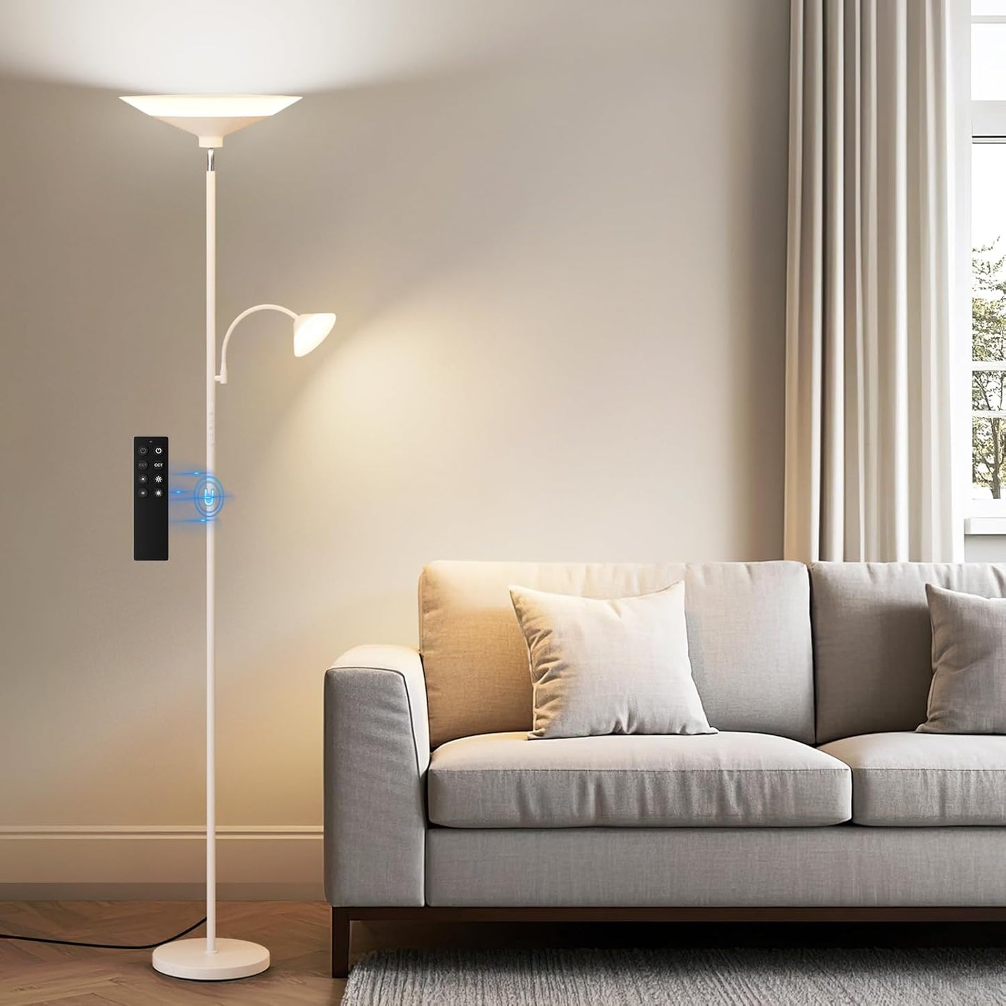 Upgraded 2-Light Torchiere Floor Lamp - 34W Color Changing Standing Lamp with Remote, Rotatable Floor Reading Light, Modern Standing Light with for Living Room Bedroom Office, White