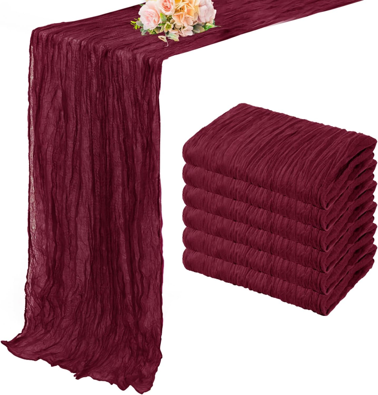 Burgundy 6 Pack Cheesecloth Table Runner 10FT Rustic Gauze Cheese Cloth Table Runner for Wedding Bridal Baby Shower Table Decor 20 x 120 Inch Long Boho Fabric Sheer Birthday Party Table Decorations