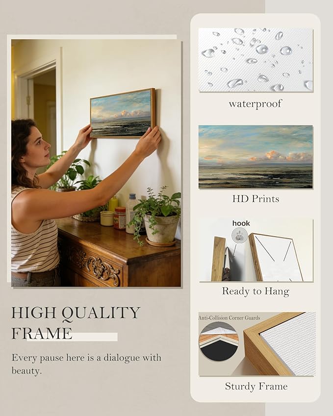 SHENIFY Vintage Framed Wall Art Coastal Sky Landscape Scenery Rustic Home Decor Retro Decorations for Farmhouse Hallway Bedroom Ready to Hang Wall Artwork - 8x16in Natural Framed