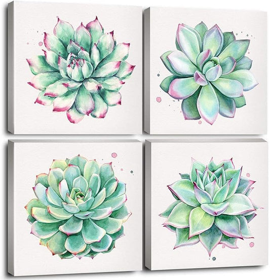 Succulent Wall Decor for Bathroom Mint Green Cactus Wall Art for Living Room Kitchen Accessories Nature Plant Wall Decor Tropical Botanical Leaf Canvas Pictures Bedroom Home Decorations 12x12" 4 Pcs