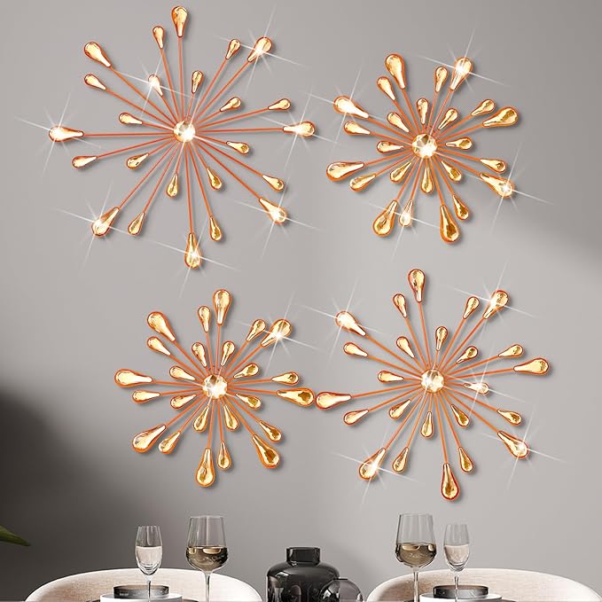 Hicarer 4 Pcs Starburst Wall Decor Bling Wall Art Crystal Teardrop 3D Hanging Rhinestone Radial Metal Artwork Modern Accent Sculptures Decorations for Living Room Home Office Bedroom(Orange)