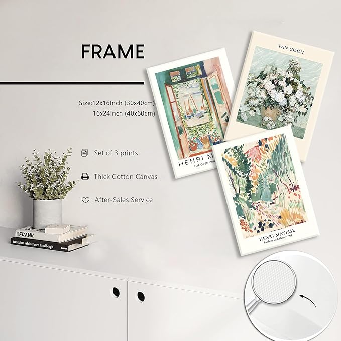 LYPHNX Framed Sage Green Matisse Canvas Wall Art Vintage Abstract Floral Prints Poster Set of 3 Mid Century Aesthetic Flower Artwork Painting Picture Decor for Living Room Bedroom Bathroom 16"x24"