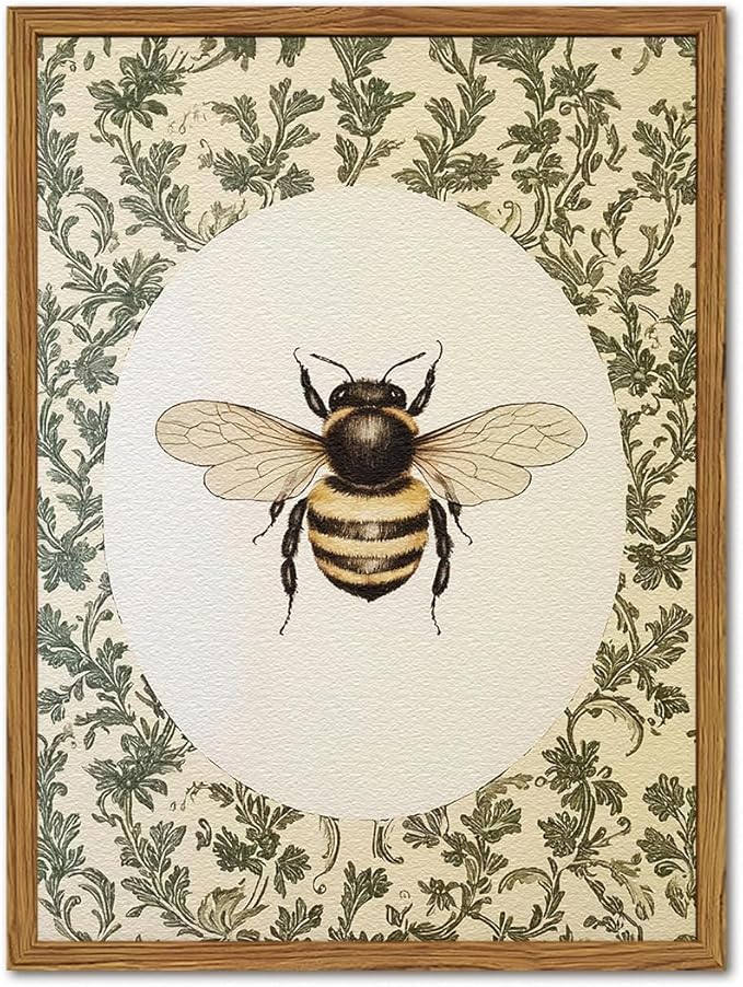 Framed Vintage Bee Wall Art, Rustic Insect Pictures Wall Decor, 3D Textured Sandstone Green Botanical Paintings Prints Cottagecore Home Decor for Living Room Bedroom Office 12x16 inch