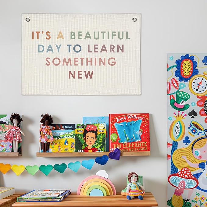 Classroom Decor Banner, Teacher Gifts, Cute Boho Neutral Classroom Must Haves Wall Decor, Inspirational Linen Canvas Banner Flag, It's A Beautiful Day to Learn