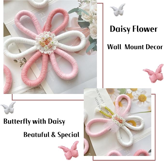 KUNHEHO Butterfly Wall Decor Set of 6 Daisy Flower Boho Nursery Wall Décor Bohemian Macrame Woven Rattan Wall Hanging Room Decor for Teen Girls