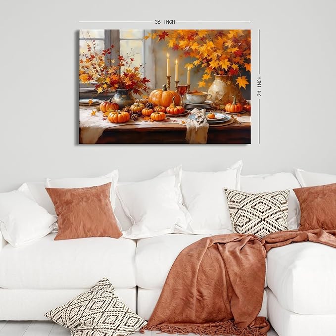 Farmhouse Pumpkin Wall Art Orange Pumpkins Wall Decor Rustic Farm Fall Harvest Pictures Halloween Thanksgiving Autumn Canvas Prints Painting Artwork for Kitchen Dining Room Home Decoration 24x36"