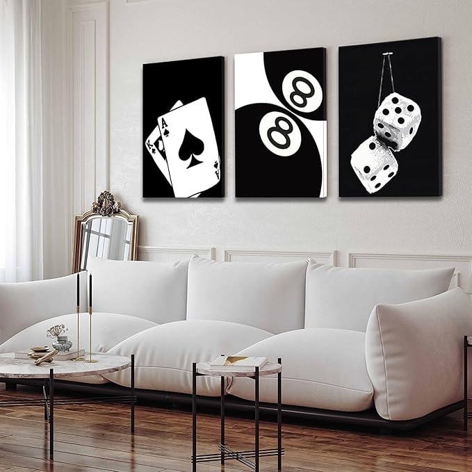 BOKPEN 3Pcs Black and White Poker Dice Canvas Wall Art Lucky You Poster Prints Trendy Funky Preppy Y2K 8 Ball Pictures Artwork Aesthetic Painting for Game Room Apartment Dorm Decor 12x16in canvas