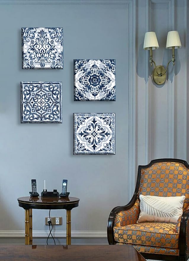 DJSYLIFE Bathroom Wall Decor Navy Blue Flower Paintings Canvas Prints Decoration Vintage Wall Art for Bedroom Framed Ready to Hang 12" Wx12 Hx4 pcs